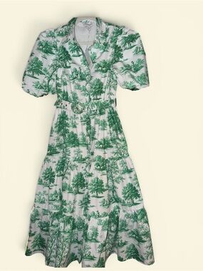 NWT Prosperina Toile Print Midi Dress Green White Belted Button Up Cottagecore